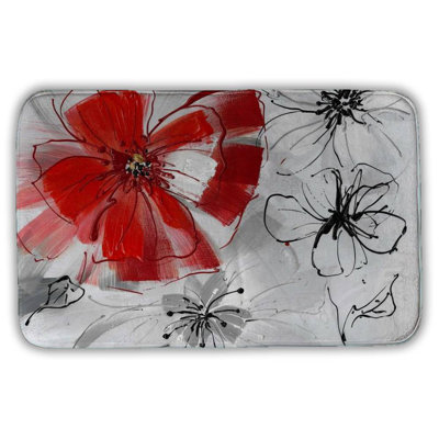 Red & gray flowers Bath Mat with Non-Slip Backing - Quick Dry Memory Foam Bathroom Rug - Absorbent - Modern Plush Spa-Style - Machine Washable