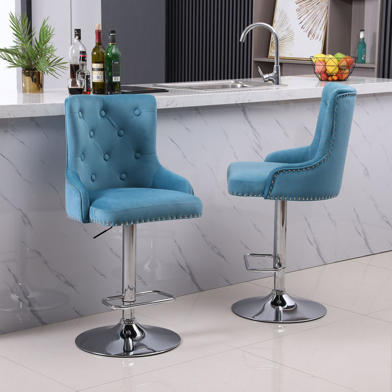 Witman Swivel Upholstered Counter Stool with Metal Frame, Light Blue, 2