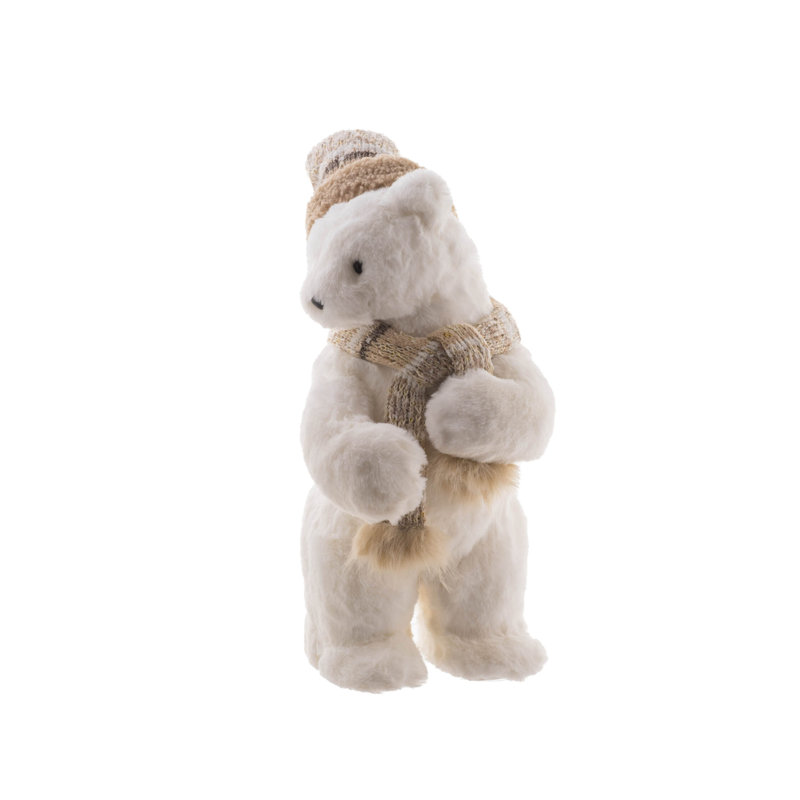 Ours curieux debout en fausse fourrure blanche / beige