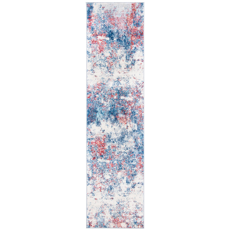 Tapis abstrait gris clair / bleu N'Keal, Navy/Red, Tapis de couloir 2 pi x 6 pi
