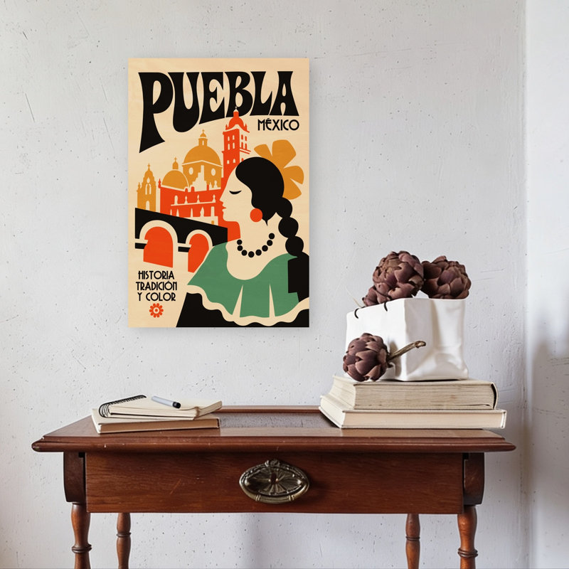 Retro Puebla Mexico Travel Colorful Retro Traditional Architecture City Wall Art Print 1 Piece Wrapped Canvas Wall Art