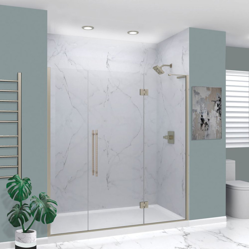 Porte de douche à charnière avec verre transparent l 75 po x H 76 po Transolide Elizabeth, Acier Inoxydable
