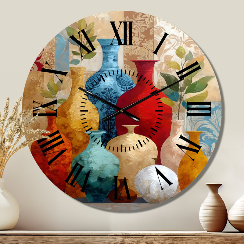 Vases marocains aux motifs végétaux bohèmes - Horloge murale bohème en métal, Small