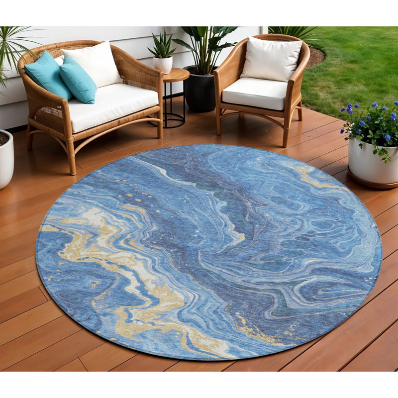 Tapis extérieur rond lavable abstrait bleu doré et ivoire Everette