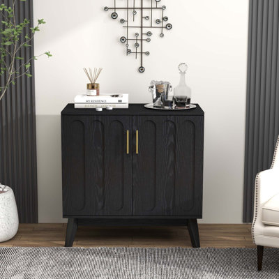 Buffet Mid-Century moderne cannelé avec tablettes réglables et pieds en bois massif