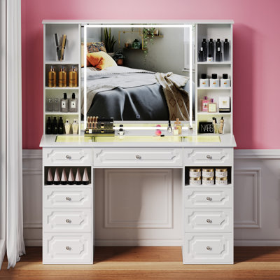 Vanity Set With Extra Large Lighted Mirror, Top Dressing Table With 9 Drawers, Makeup Vanity With Storage Bench, European Style Vanity, Adjustable Bri by Lark Manor