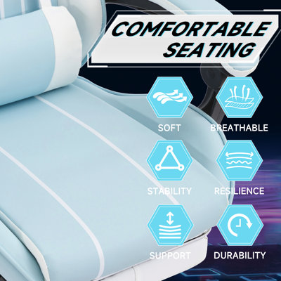 Fauteuil de jeu ergonomique en cuir bleu avec soutien lombaire apaisant, mobilité à 360 ° et excellent confort imperméable, repose-pieds rétractable réglable