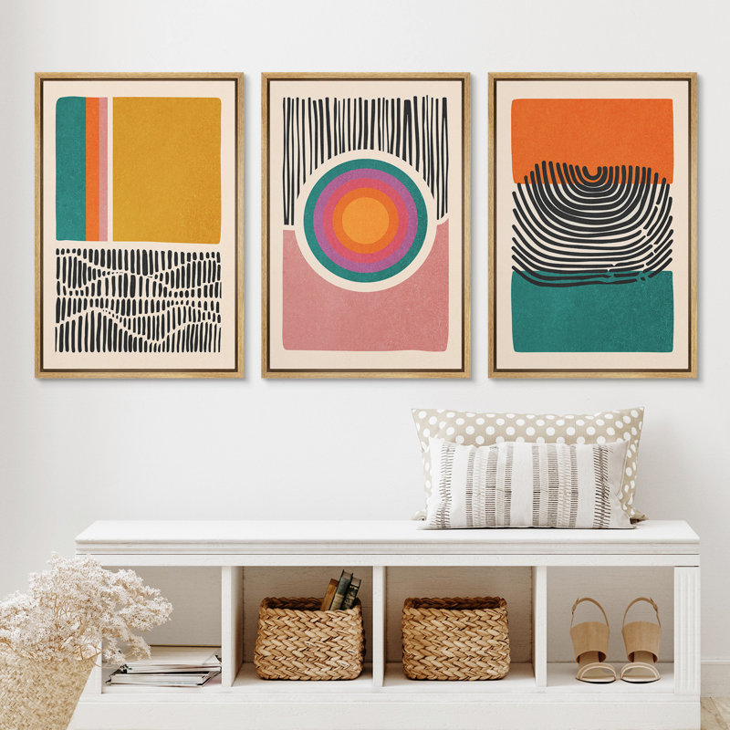 Abstract Vibrant Color Blocks " Mid-Century Multicolor Color Block Shape Abstract Geometric " 3 - Pieces, Natural