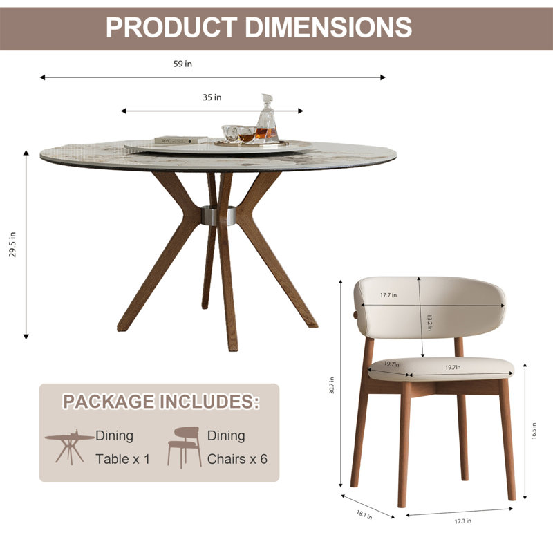 Ensemble de table de salle à manger moderne en pierre frittée de 59 pouces (table + 6 chaises), équipé d'un plateau tournant rond de 35 pouces, pouvant accueillir 6 à 8 personnes, avec une base en bois de couleur noyer