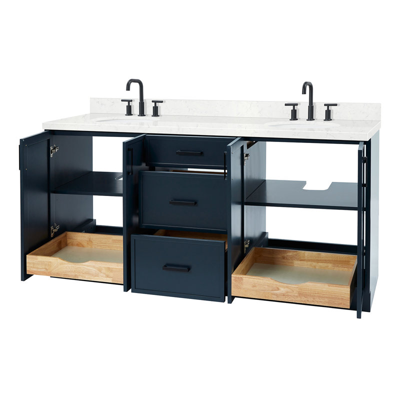 ARIEL Kelly 72 Double Sink Bathroom Vanity with Carrara Quartz Top, Midnight Blue