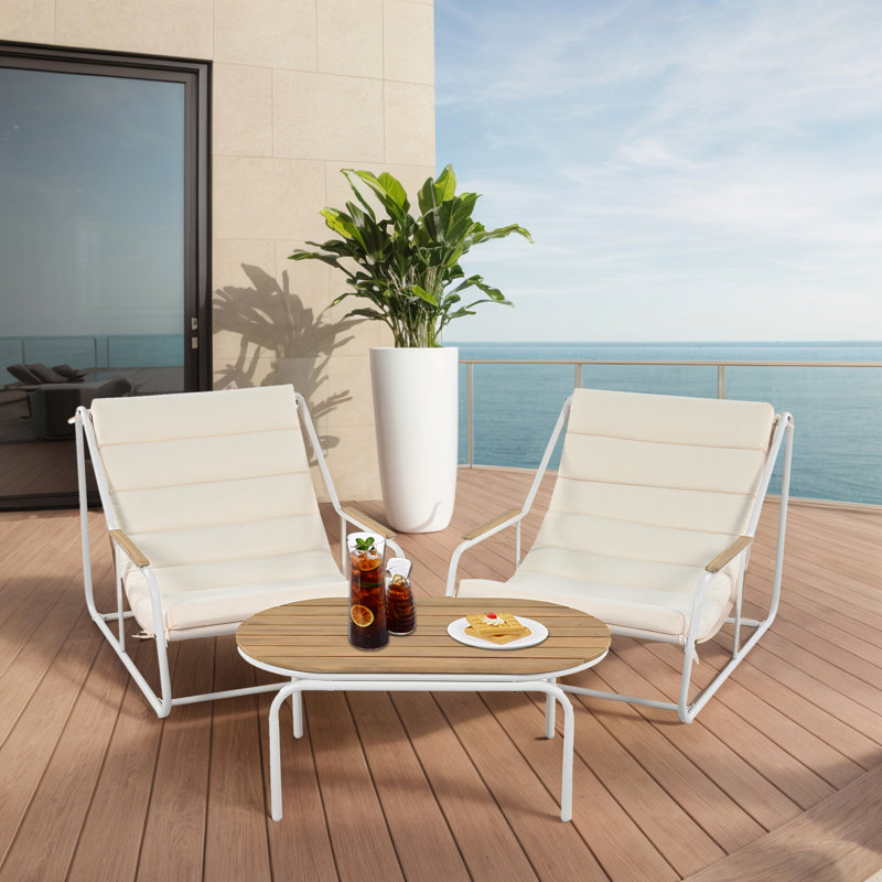 Ensemble de chaises longues d'extérieur 3 pièces, chaise de patio avec coussin et table d'appoint, Blanc