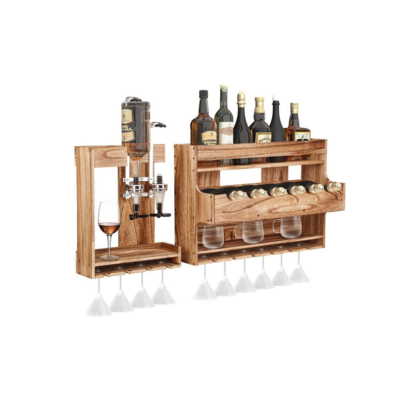 Solid Wood Wall Mounted Wine Bottle & Glass Rack Brown