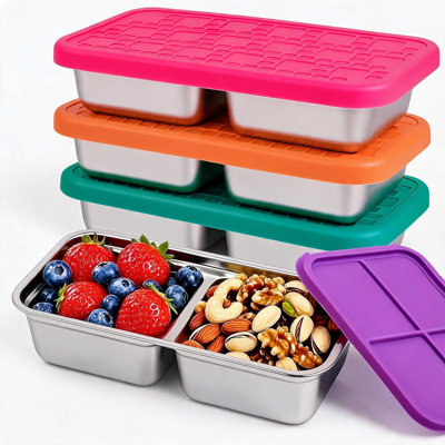 8 Count 2 Compartment Stainless Steel Reusable Snack Trays, Separated Food Carriers with Assorted Color Lids, 2 Units of Purple, Pink, Orange & Emerald Green, Compact Portable Divided Containers