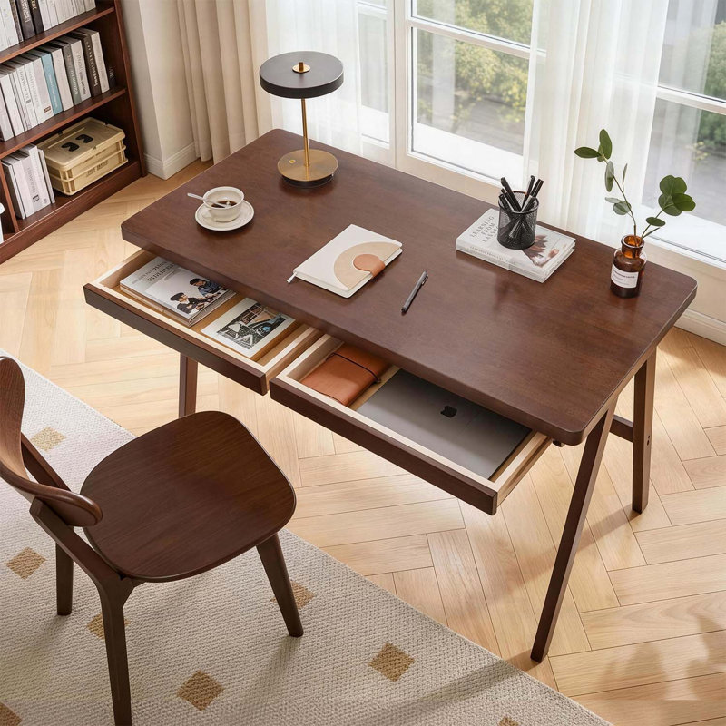 Bureau d'ordinateur en bois d'hévéa, bureau d'écriture rétro en noyer avec tiroir, pieds robustes en forme de A, 47,24 po