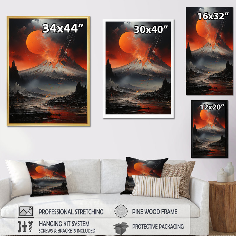 «Volcano Volcanic Explosion Moonlight», reproduction sur toile, Cadre doré simple, H 32 po x l 16 po x P 1 po