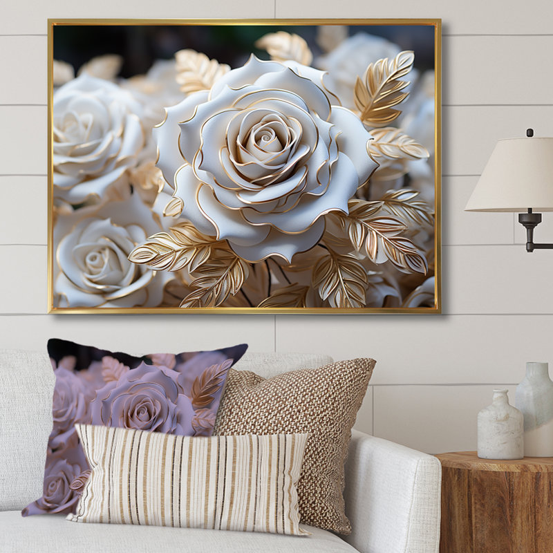 «White and Gold Rose Passion - Roses», reproduction sur toile encadrée, H 34 po x l 44 po x P 1,5 po, Cadre flottant doré