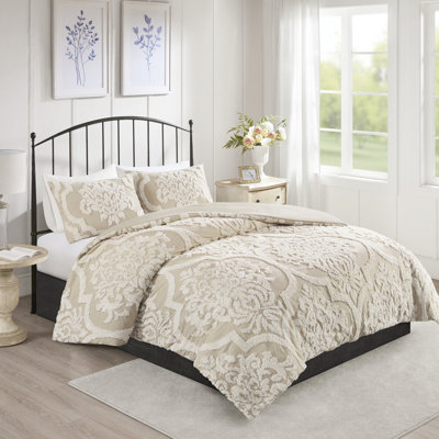 Couette 3 pièces en chenille de coton taupe pour lit double/queen, motif amusant