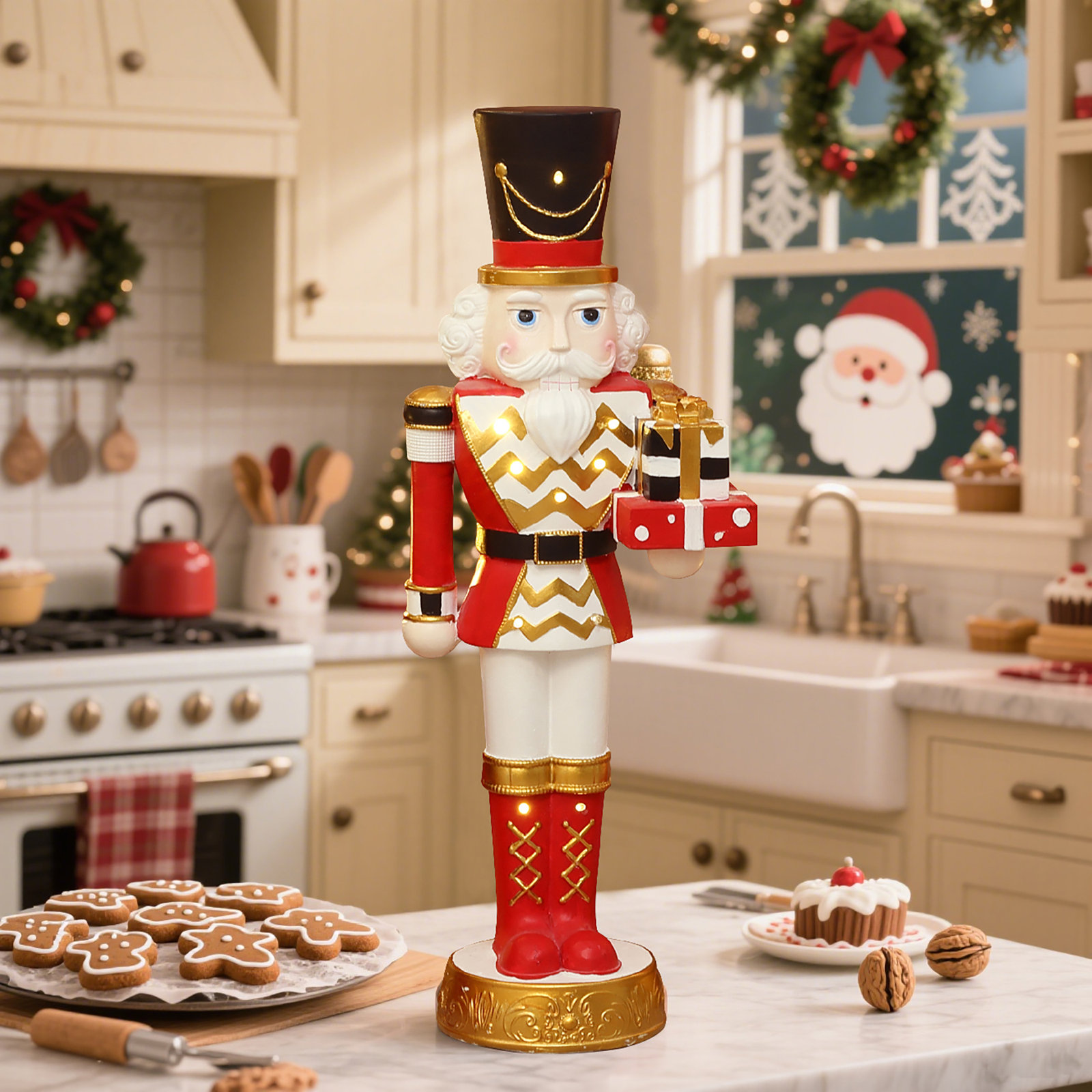 Lighted Red Nutcracker Soldier with Presents, Battery Operated Holiday Decoration, 23.62" H x 9.06" W x 6.69" D