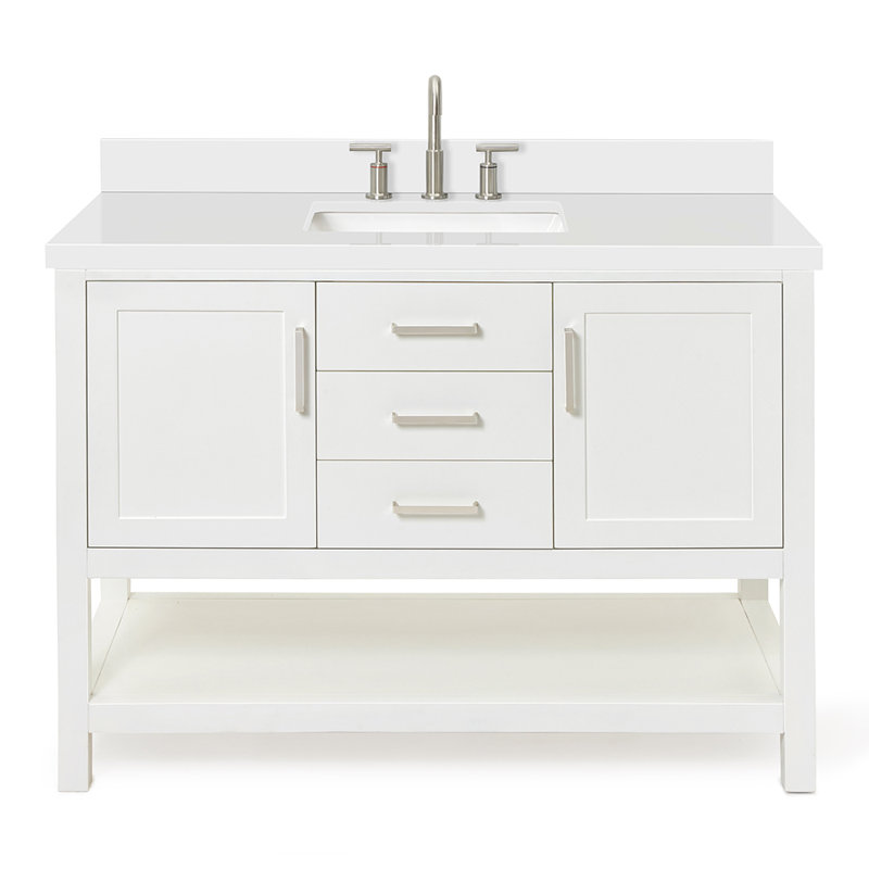 Meuble-lavabo simple avec plateau en quartz Abby, Blanc, L 42 po, Quartz blanc de Carrare