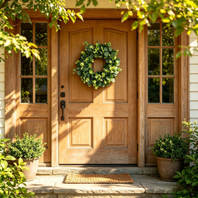 Couronne d'eucalyptus artificiel pour porte d'entrée, décoration intérieure et extérieure en fausse verdure de 17,7 po à l'année