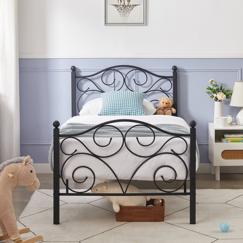 Mouin 2-Piece Metal Twin Bed Frame Set with Decorative Headboard and Footboard, Victorian Style Black Platform Bed with Heavy-duty Slats Support, No Box Spring Needed