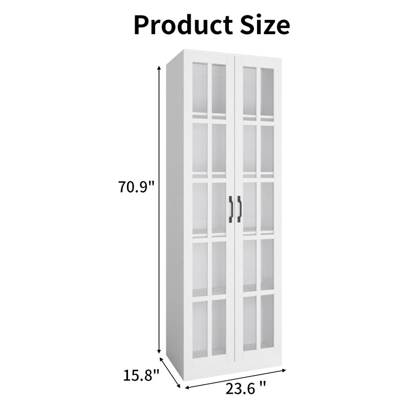 71" H X 23.6" W Kitchen Pantry With Bookcases, Glass Door Kitchen Hutch, White