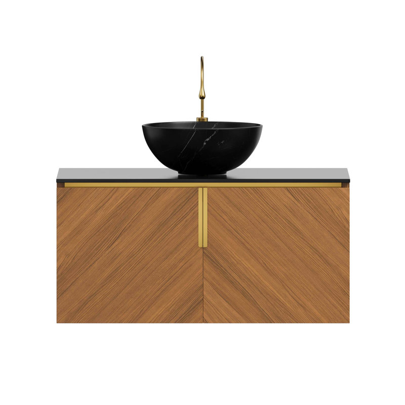 Meuble-lavabo 36 po, meuble-lavabo flottant avec double comptoir en pierre frittée et cuve en céramique avec motif de pierre