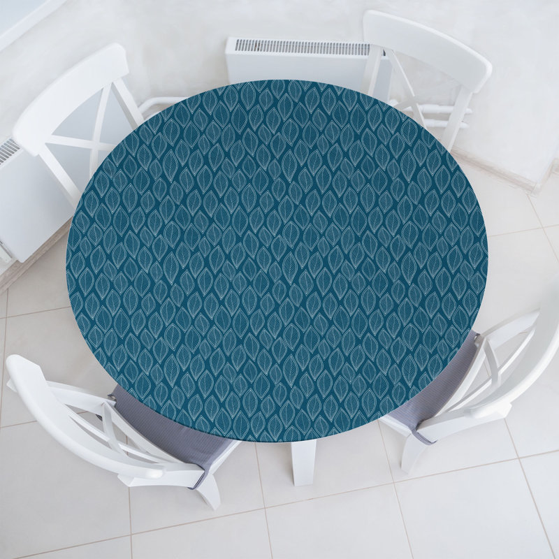 Ebern Designs Nature Fitted Round Tablecloth Petrol Blue and White, 47.24" Round