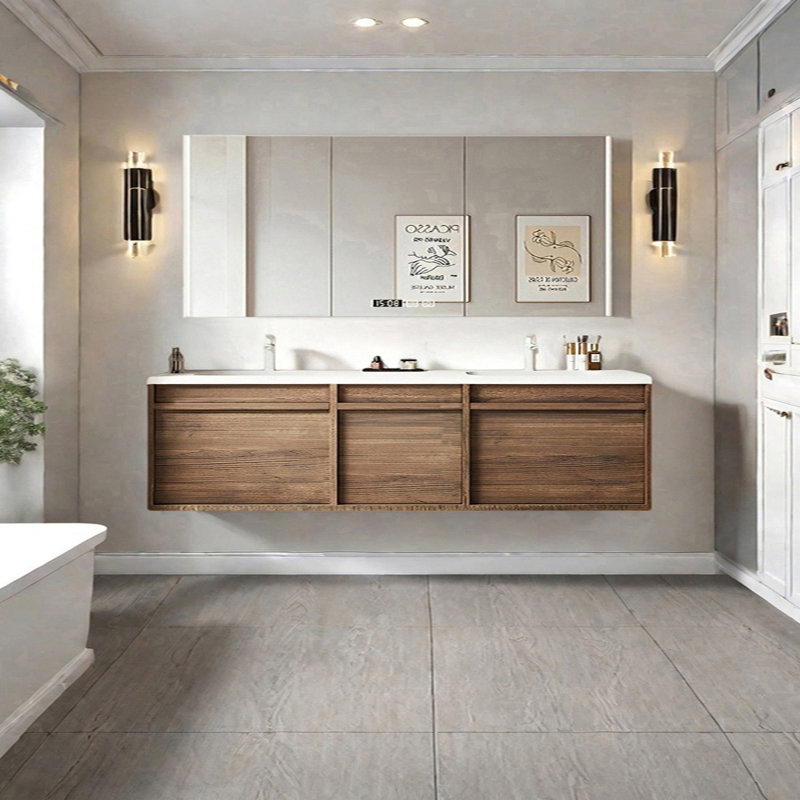 Armoire de salle de bain à double cuve de style moyen-ancien, Noyer, H 19,68 po x l 82,67 po x P 21,65 po