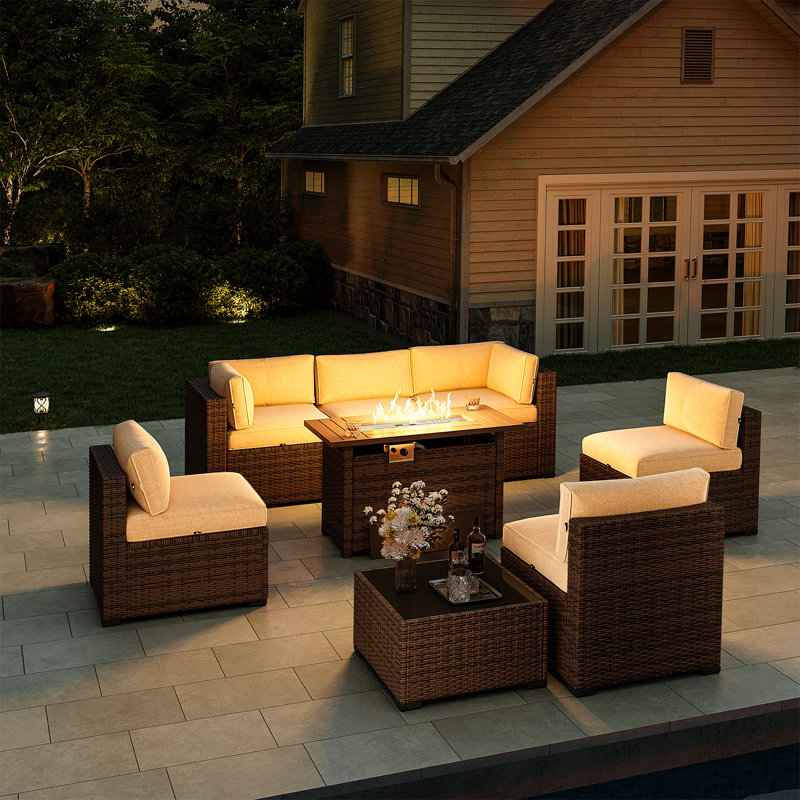 Ensemble de meubles de patio 8 pièces avec foyer au gaz propane, Beige, Brun