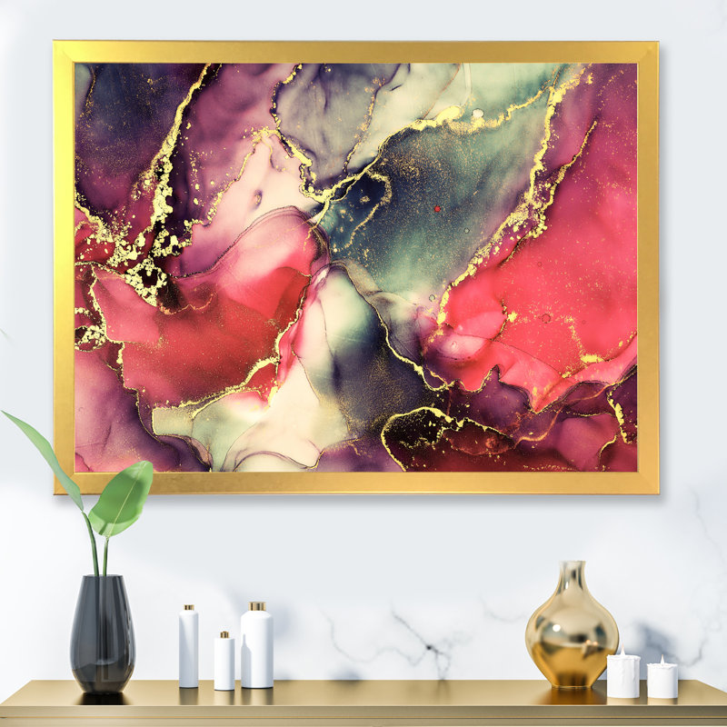 «Red Luxury Abstract Fluid Art II», reproduction sur toile, H 30 po x l 40 po x P 1,5 po, Cadre photo doré