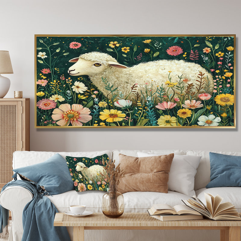 Dott Mignon mouton au printemps II, H 28 po x l 60 po, Impression encadrée flottante, Doré