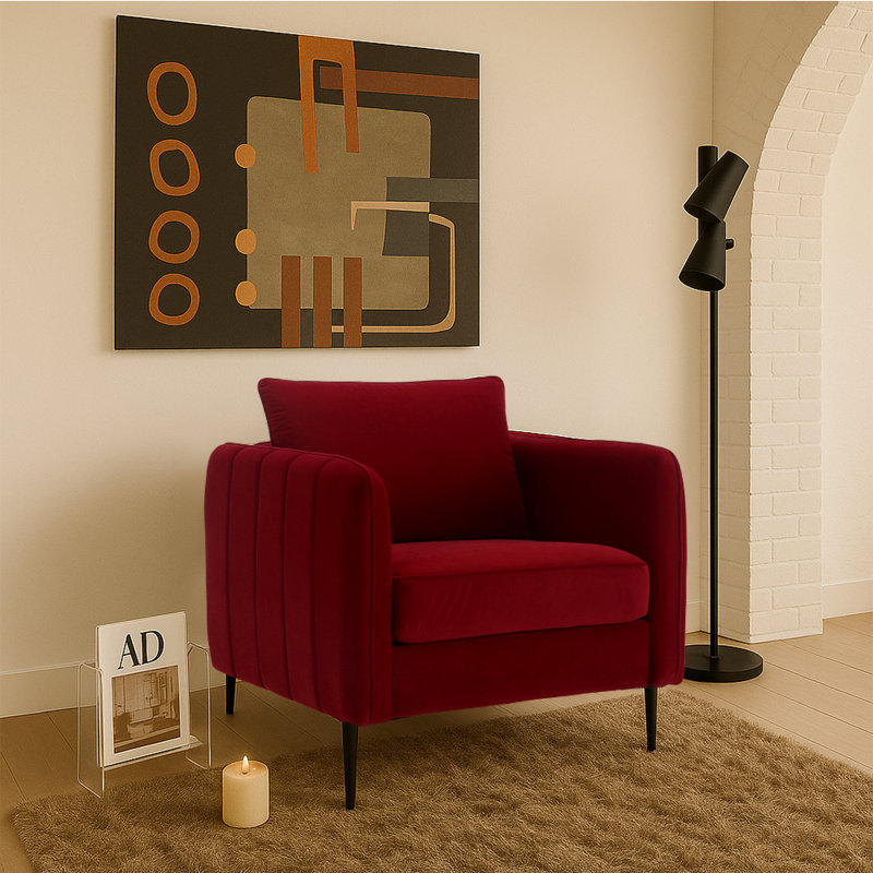Velvet Accent Chair, Mid-Century Modern Armchair with Metal Legs and Pillow, Red
