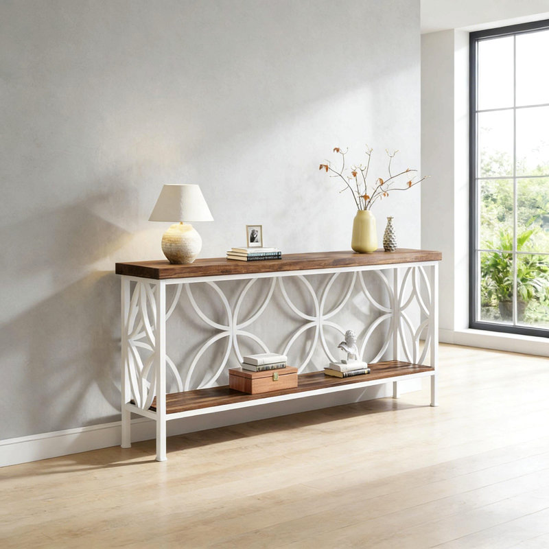 Table basse élégante, canapé de style nordique, console à 2 niveaux, Brun rustique / Blanc