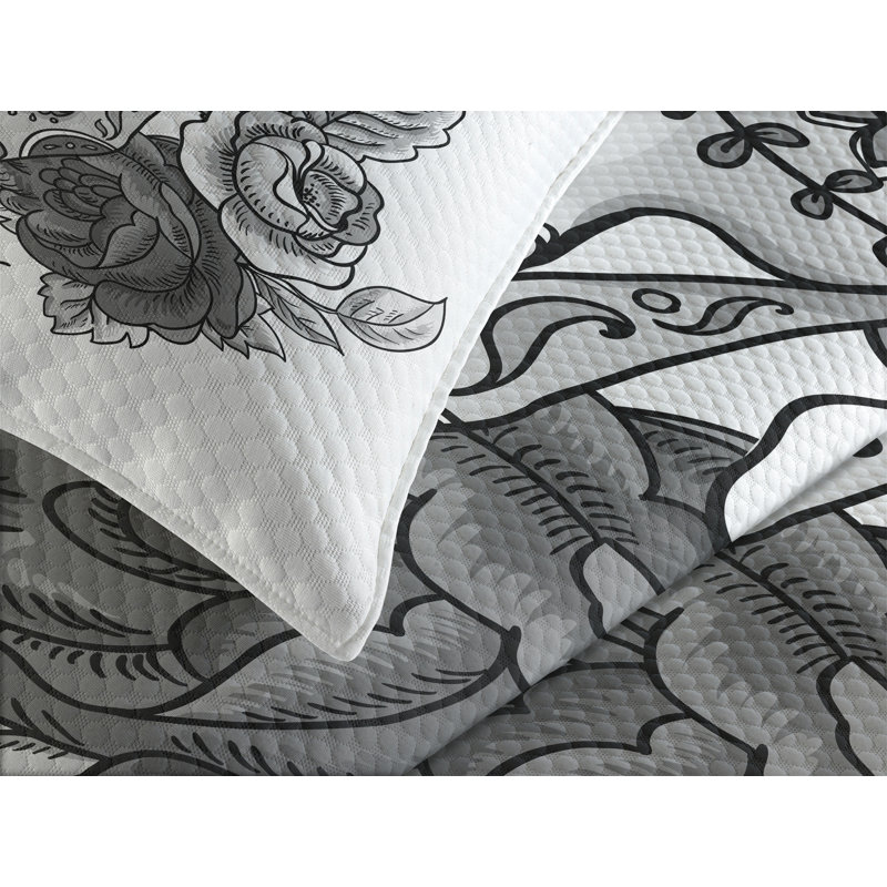 Ambesonne Sugar Skull Bedspread Set Roses Diamond Shape Grey White, King Bedspread + 2 Standard Shams