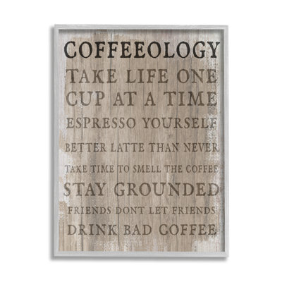«Rustic Coffeeology Sign», Espresso, Positif, Expressions, Drink Puns par Daphne Polselli, cadre flottant, impression