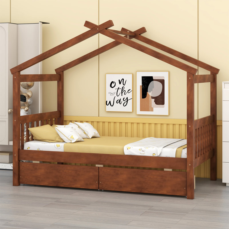 Wooden House Bed With Drawers, Walnut, Full / Double