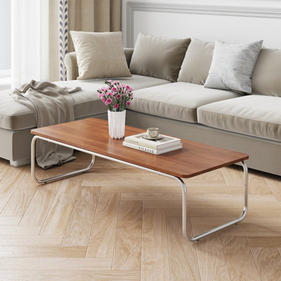 Mid-Century Modern Coffee Table, Rectangular Wood Coffee Table with U-Shaped Stainless Steel Legs, Minimalist Accent Table for Living Room, Bedroom, Office, Easy Assembly, Walnut