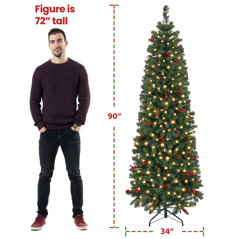Arbre de Noël épinette lumineux facile à installer avec pommes de pin et baies de houx, 7.5'