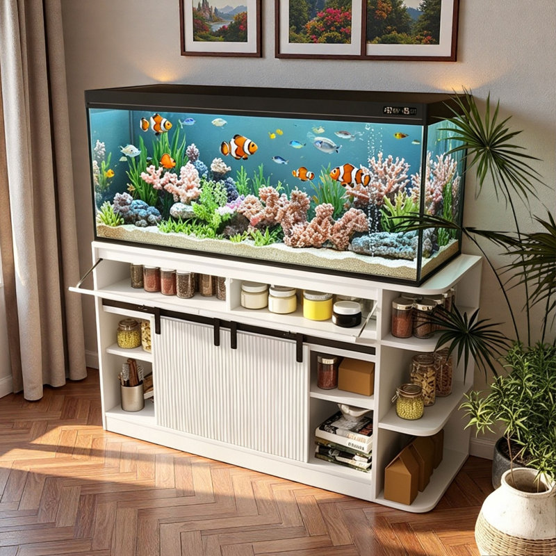 Support d'aquarium avec lumière DEL, prises de courant, portes cannelées coulissantes, 2 tiroirs, 2 grandes armoires et tablettes de rangement