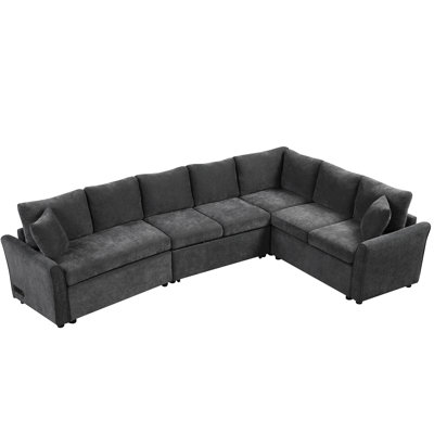 124.8", L-Shaped, Gray, Bed, Ports, Power Sockets, Comfortable Chenille, High Foam For Good Back And Waist Support, Living Room Breathable Support