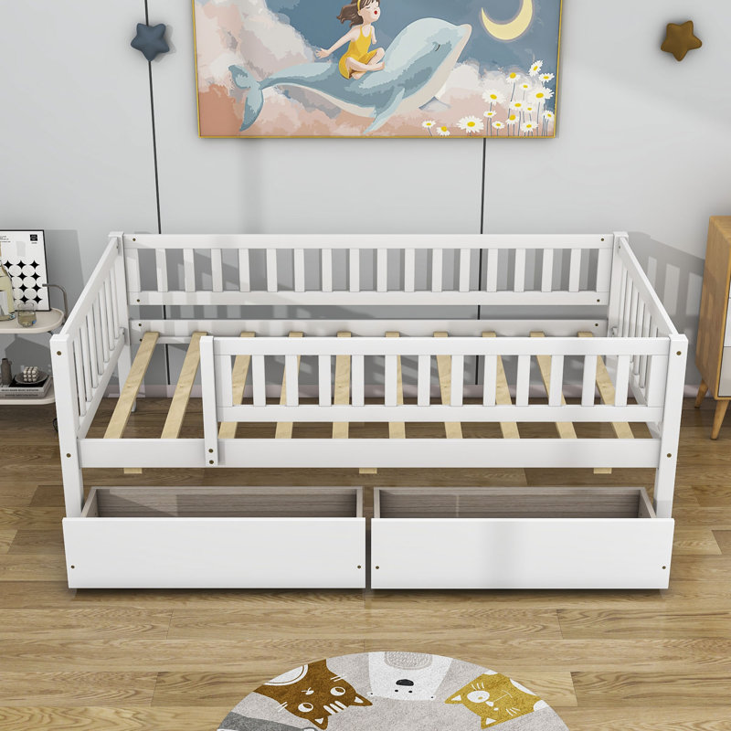 Lit en bois avec deux tiroirs, Blanc, Simple