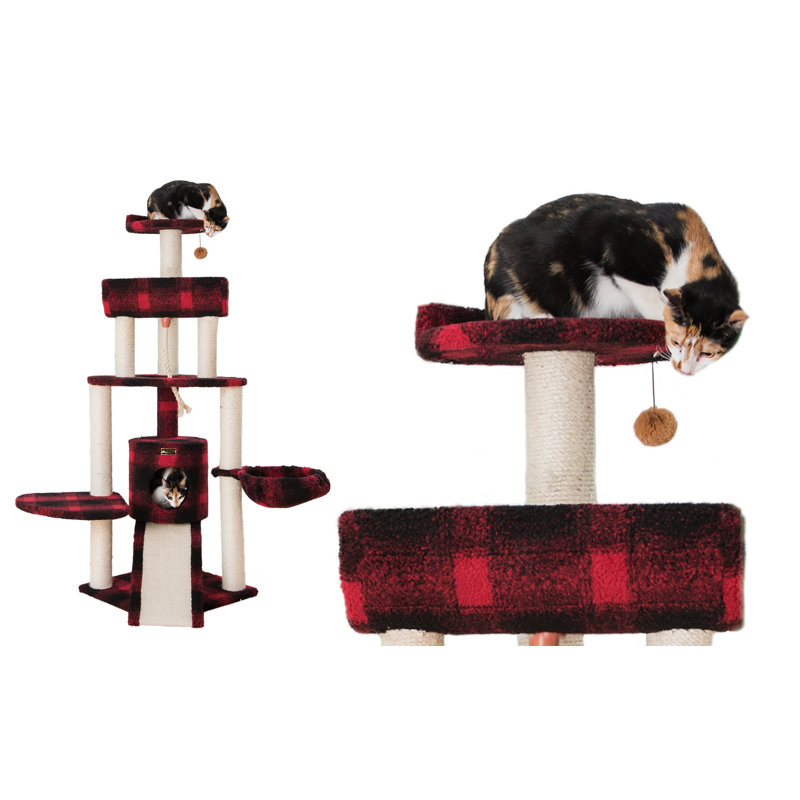 58'' Red and Black Plaid Sisal Cat Tree with Condo and Ramp