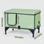Green, medium-sized, raised cuboid cat house equipped with a heated pad for warmth.