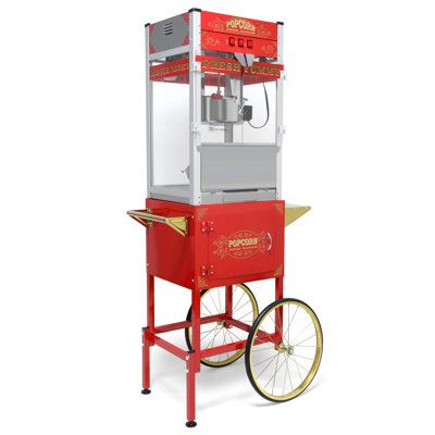 Popcorn Machine with Cart: This popcorn machine on wheels combines an antique-style design with modern features. The cart includes bicycle-style wheels and a cabinet with storage space for popcorn
