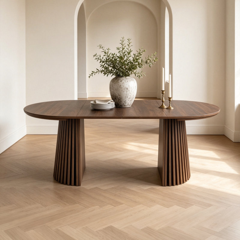 Table de salle à manger extensible Mid-Century moderne en noyer avec base piédestal, Noyer