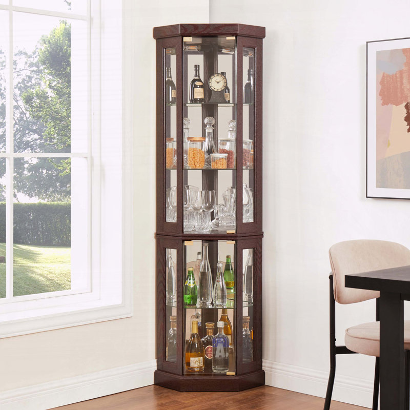 Vitrine de coin avec lumière et tablettes réglables en verre, Cerisier
