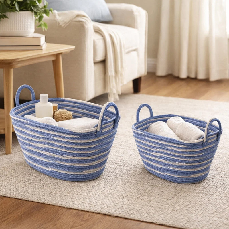 Benny Oval Baskets Set Of 2, Striped Pattern, Blue-White Cotton 20 18 Inch
