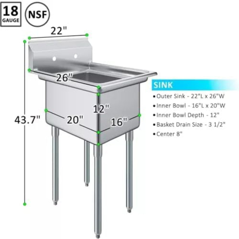 Évier utilitaire à compartiments en acier inoxydable - Dimensions de la cuve : 66 cm x 56 cm (51 cm x 41 cm x 30 cm)