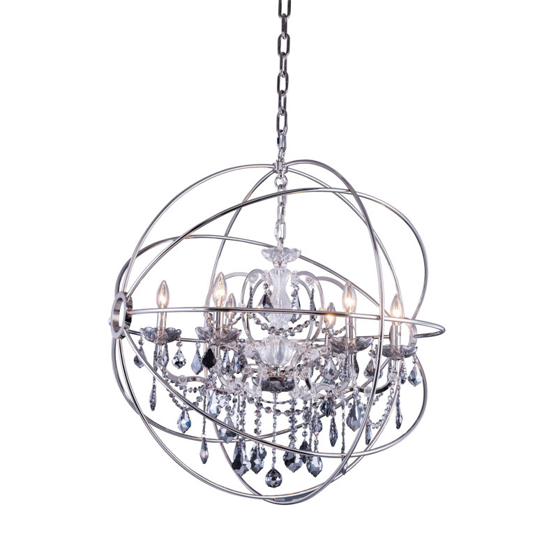 Lustre en forme de globe à 6 lumières de style bougie avec détails en cristal Svante, Abat-jour argenté (gris), Nickel poli